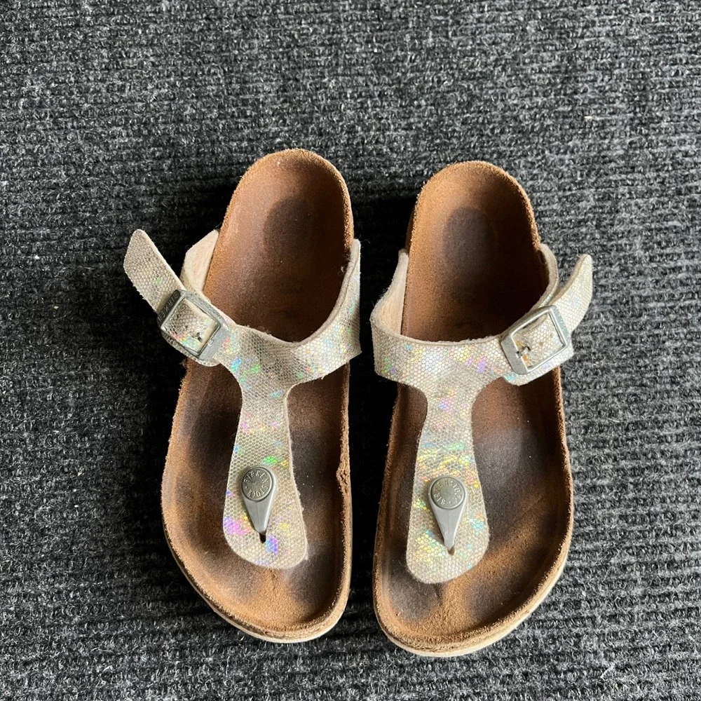 Birkenstock Gizeh Sandal Kids 32 Silver Holographic thong strap slide Glitter